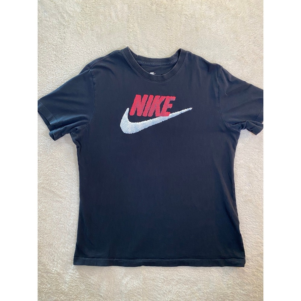Nike The Nike Tee Black Graphic T-Shirt Red White Swoosh Mens Size L 100% Cotton